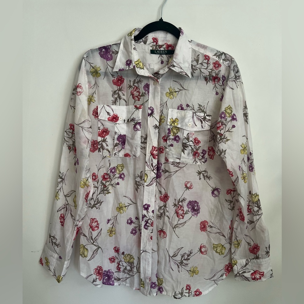Lauren Ralph Lauren White Floral Button-Down Shirt with Multicolor Blooms